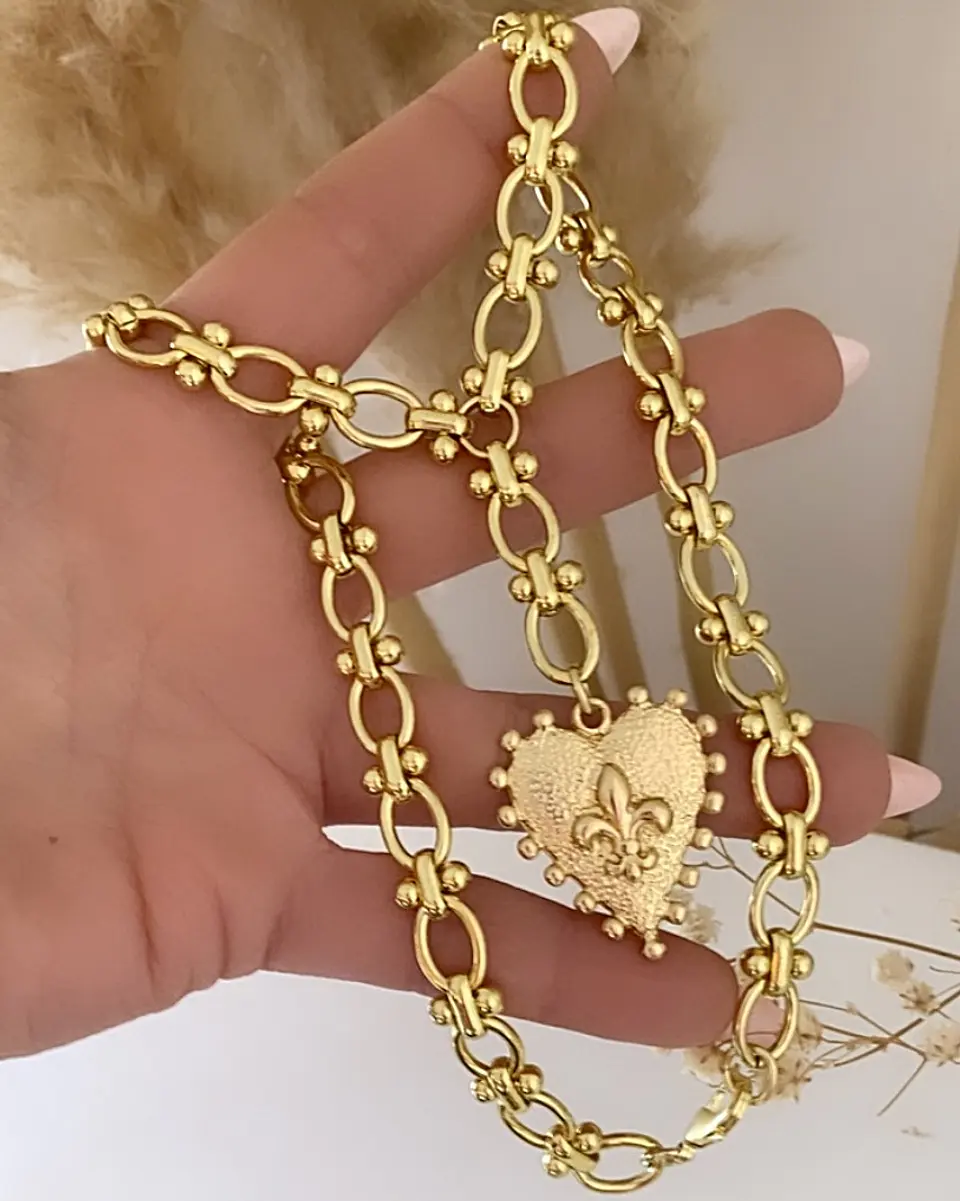 Collar Corazón Flor de Lis Maxi Eslabones Gold 4