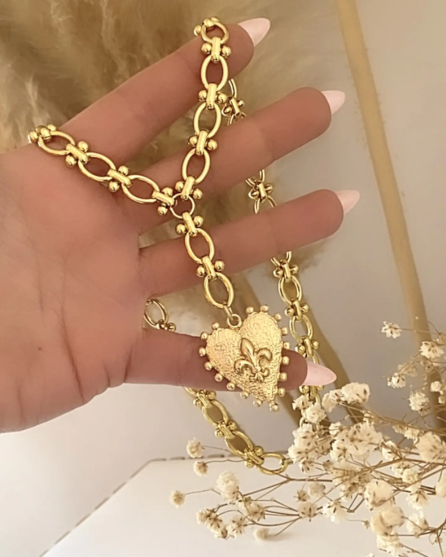 Collar Corazón Flor de Lis Maxi Eslabones Gold 6