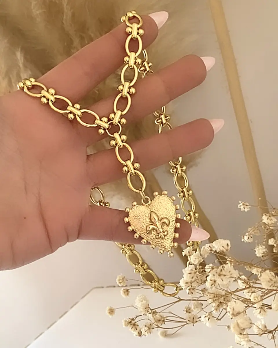 Collar Corazón Flor de Lis Maxi Eslabones Gold 6