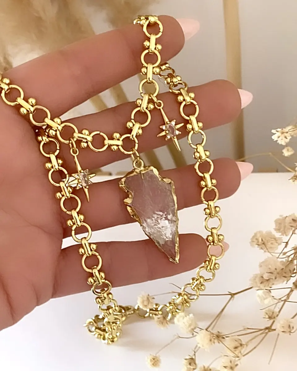 Collar Cuarzo Flecha eslabones mixtos Gold 1