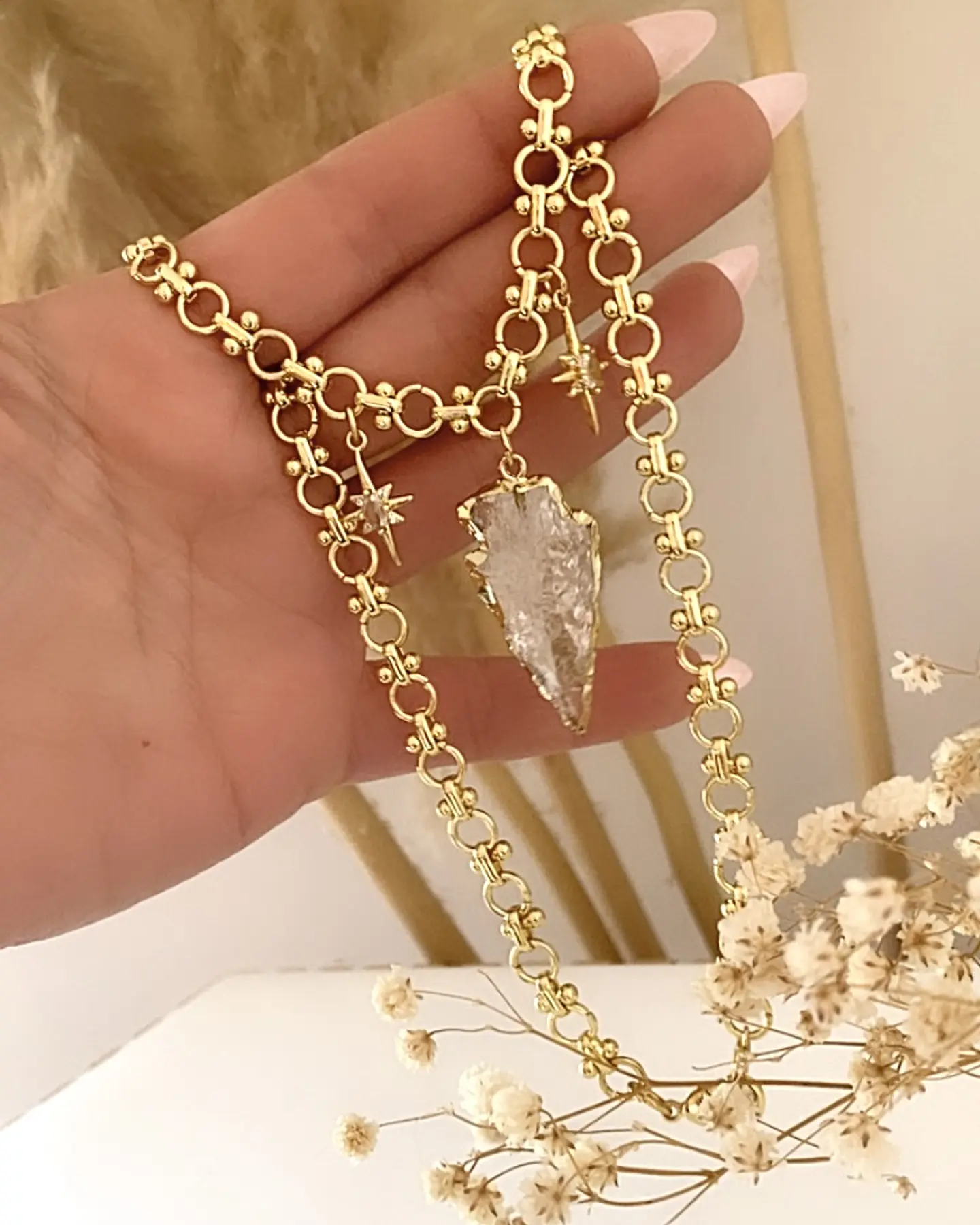 Collar Cuarzo Flecha eslabones mixtos Gold 3