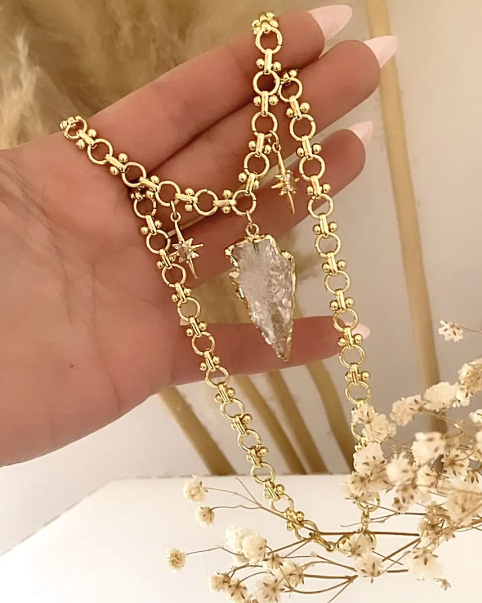 Collar Cuarzo Flecha eslabones mixtos Gold 3