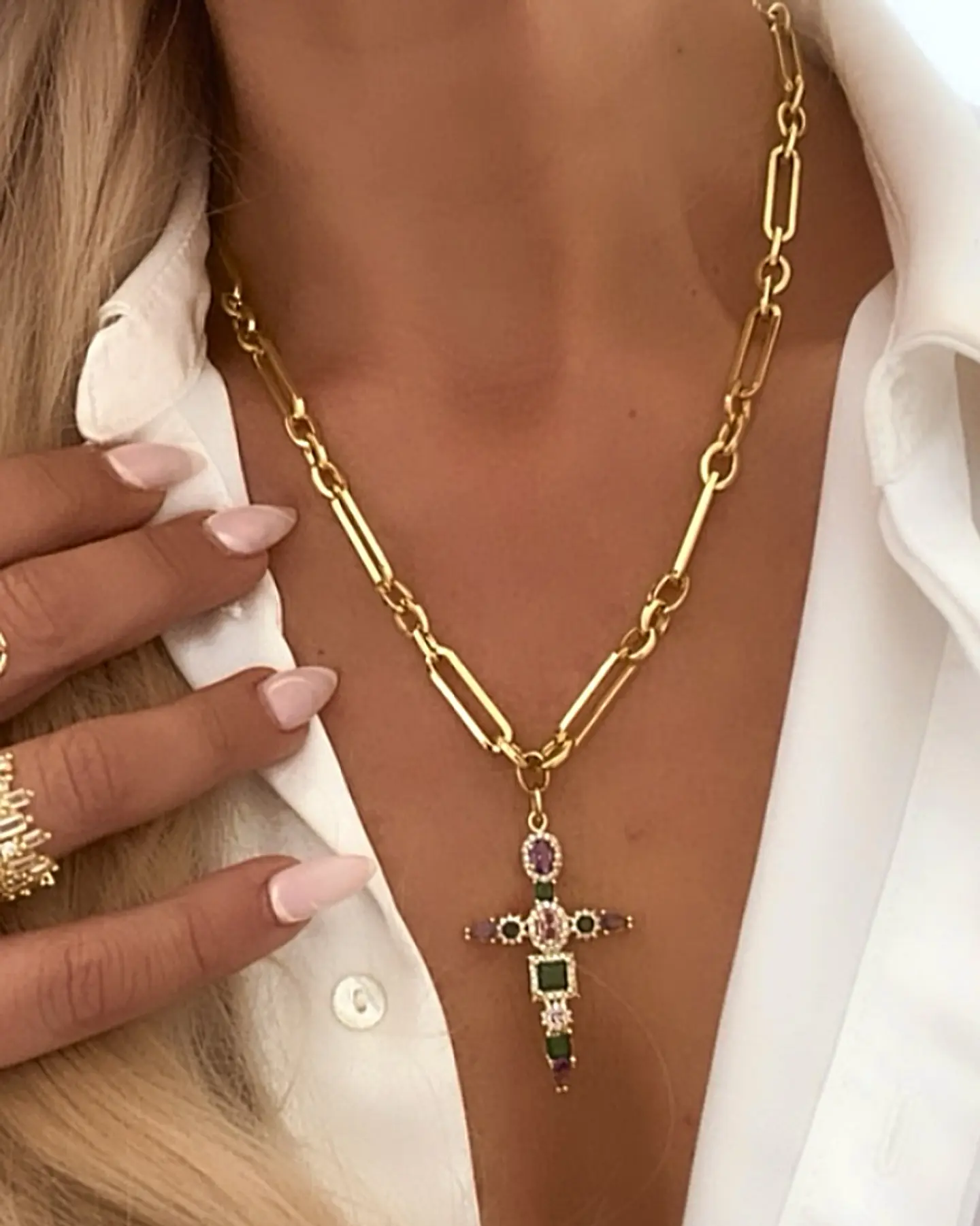Collar Cruz Cristales Cadena mixta Gold 5