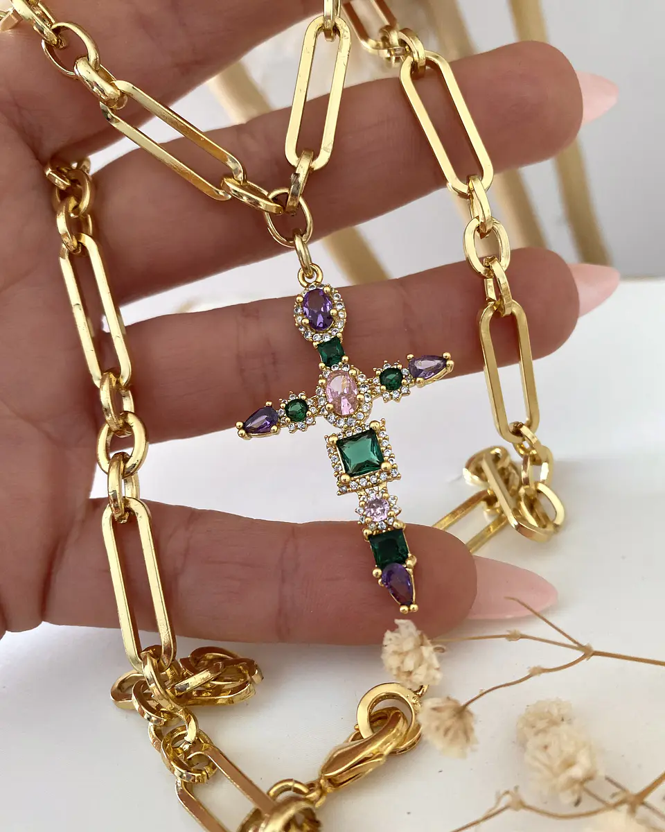 Collar Cruz Cristales Cadena mixta Gold 1