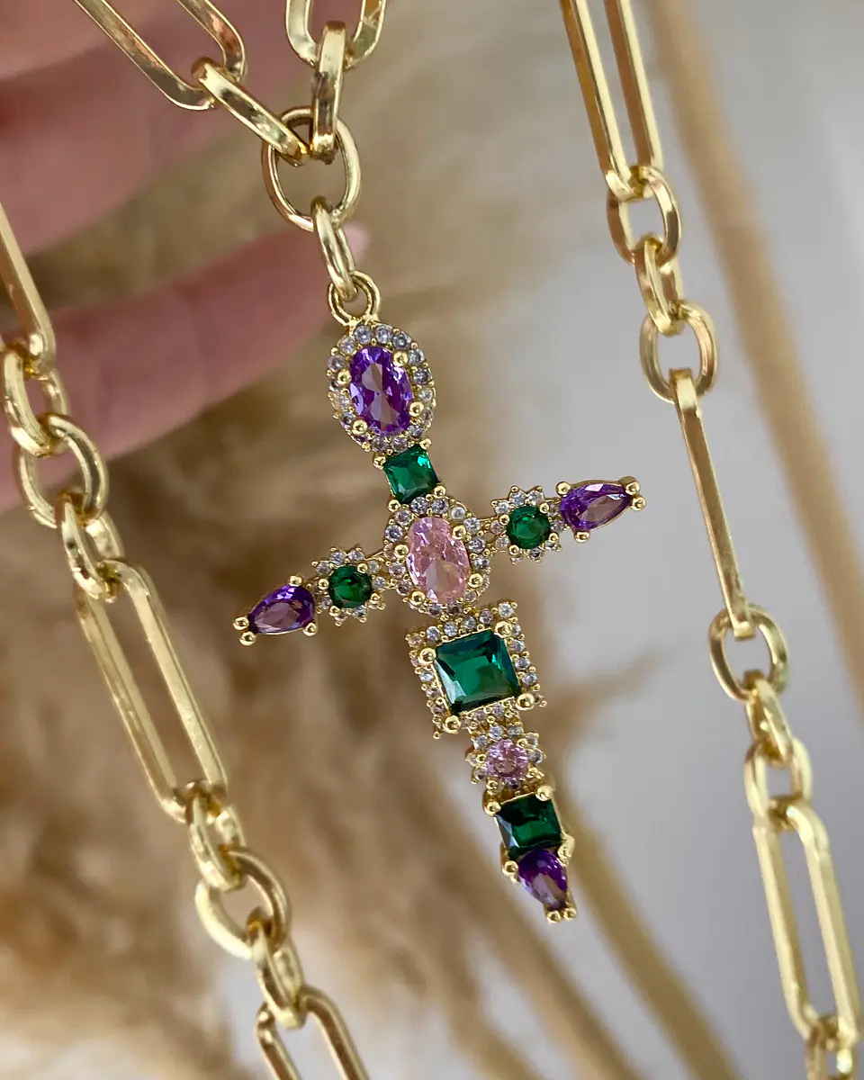 Collar Cruz Cristales Cadena mixta Gold 3