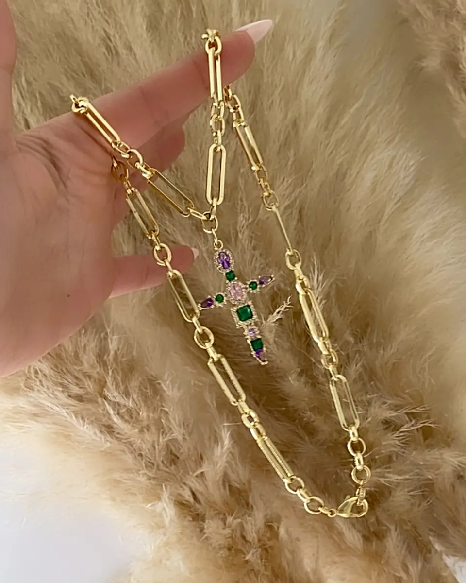 Collar Cruz Cristales Cadena mixta Gold 4