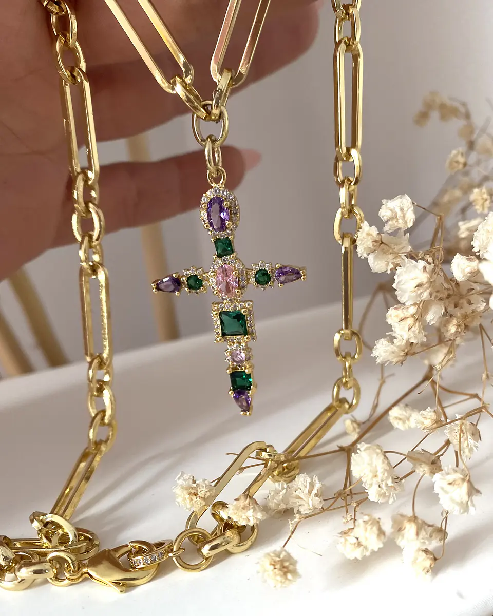 Collar Cruz Cristales Cadena mixta Gold 6