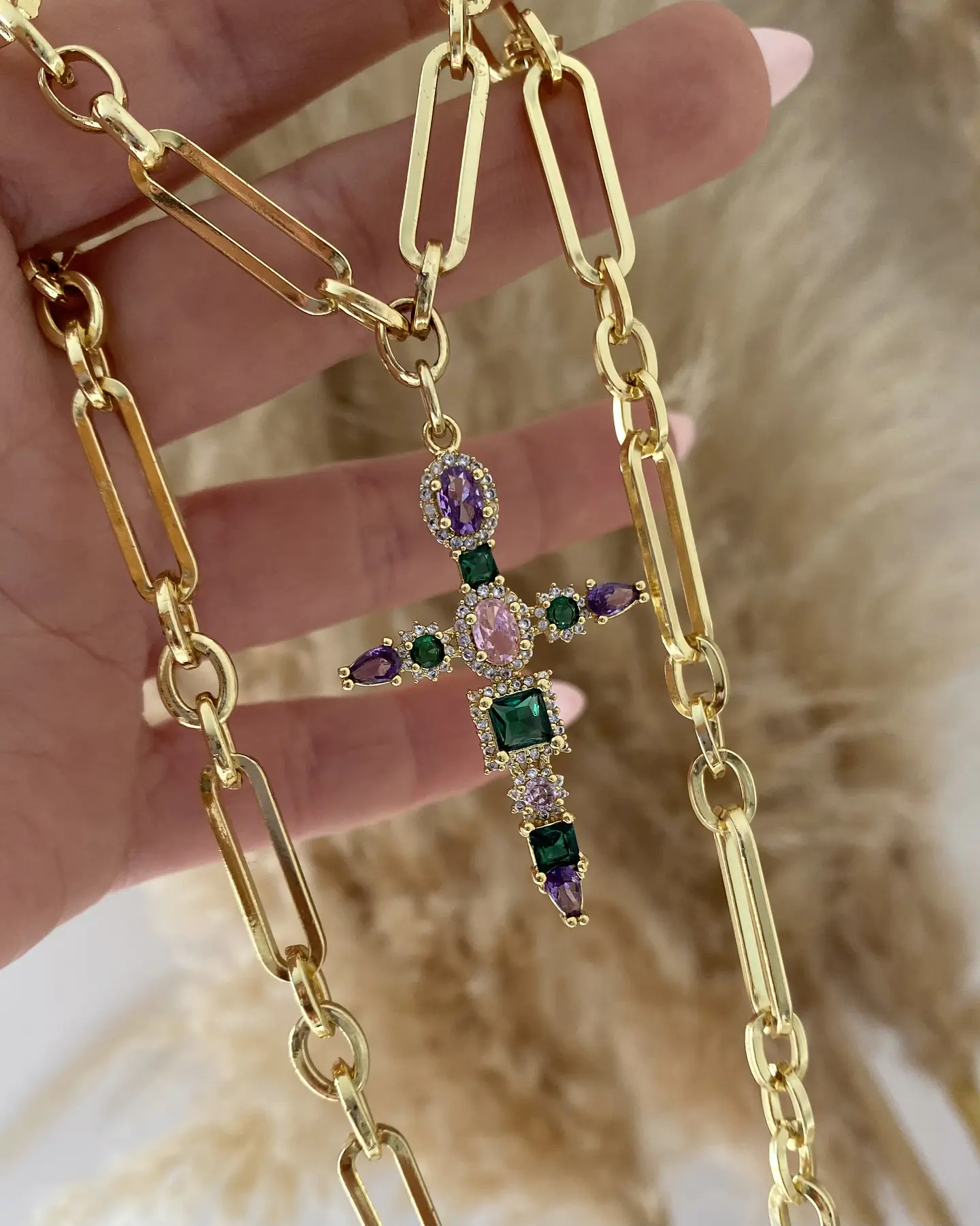 Collar Cruz Cristales Cadena mixta Gold 7