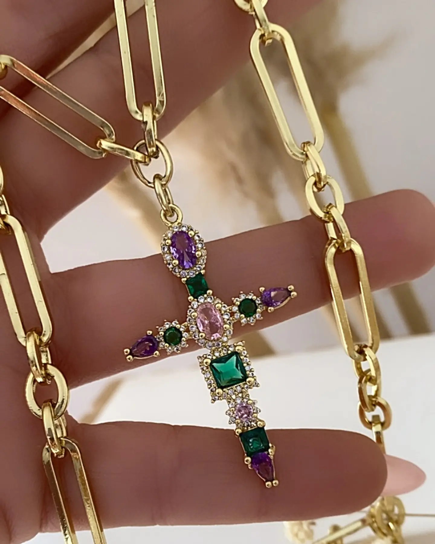 Collar Cruz Cristales Cadena mixta Gold 8