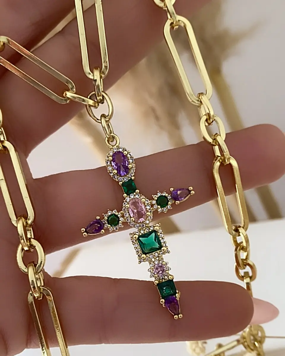 Collar Cruz Cristales Cadena mixta Gold 8
