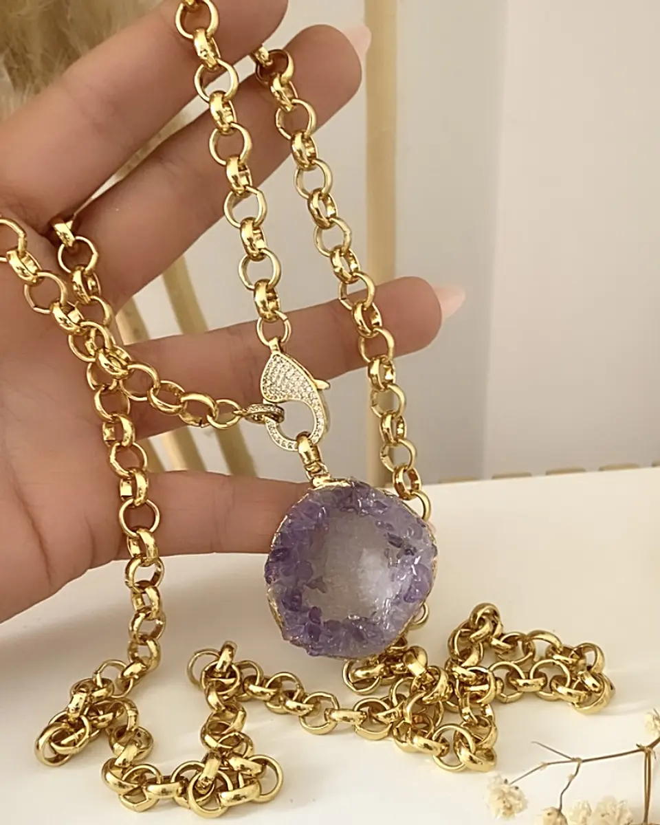 Collar XL Amatista Cuarzo Drusa eslabones rolo gold 1