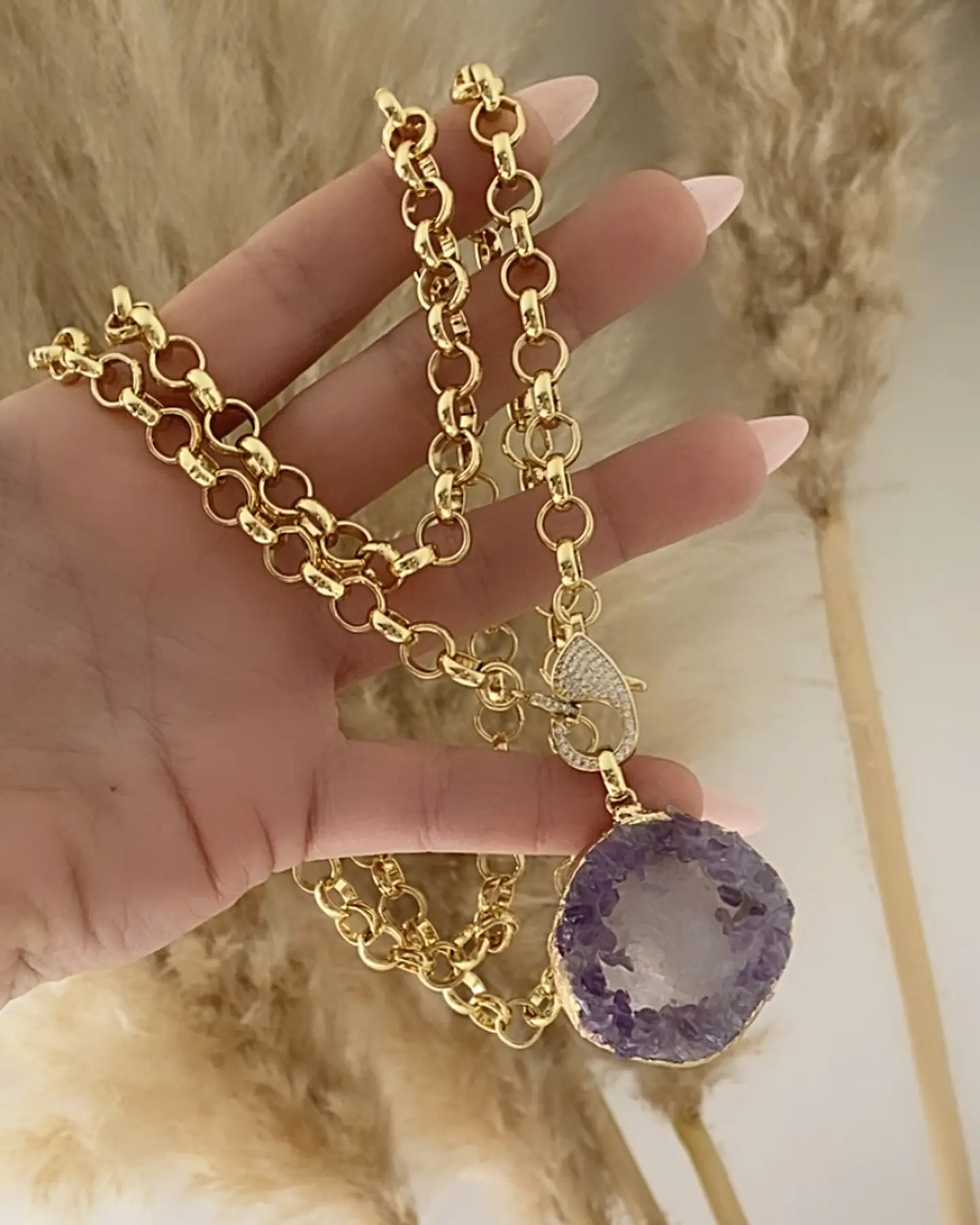Collar XL Amatista Cuarzo Drusa eslabones rolo gold 6