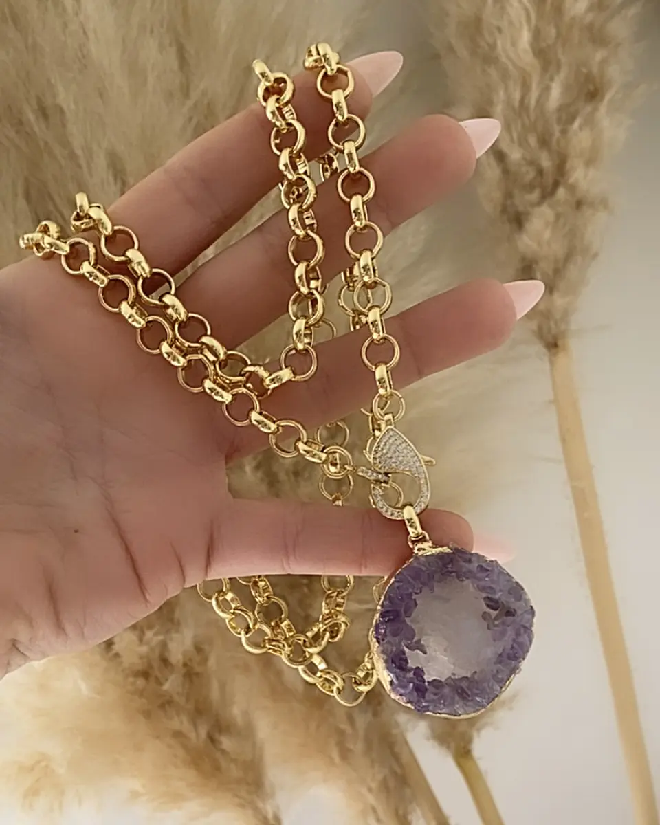 Collar XL Amatista Cuarzo Drusa eslabones rolo gold 6