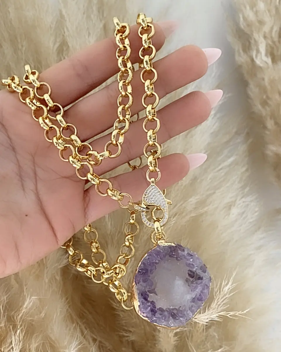 Collar XL Amatista Cuarzo Drusa eslabones rolo gold 4