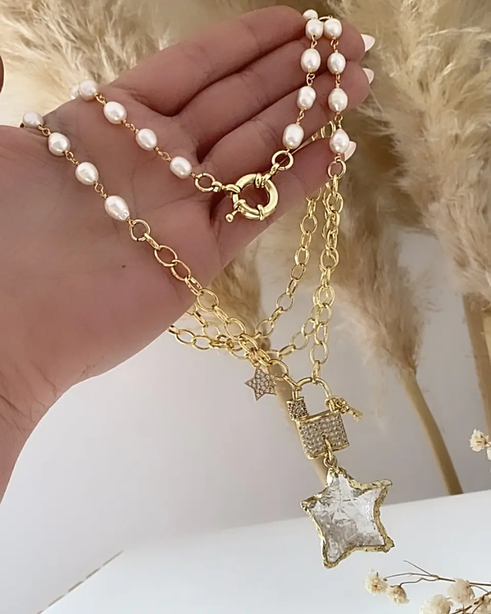 Collar XL Estrella Cuarzo Candado Perlas  6