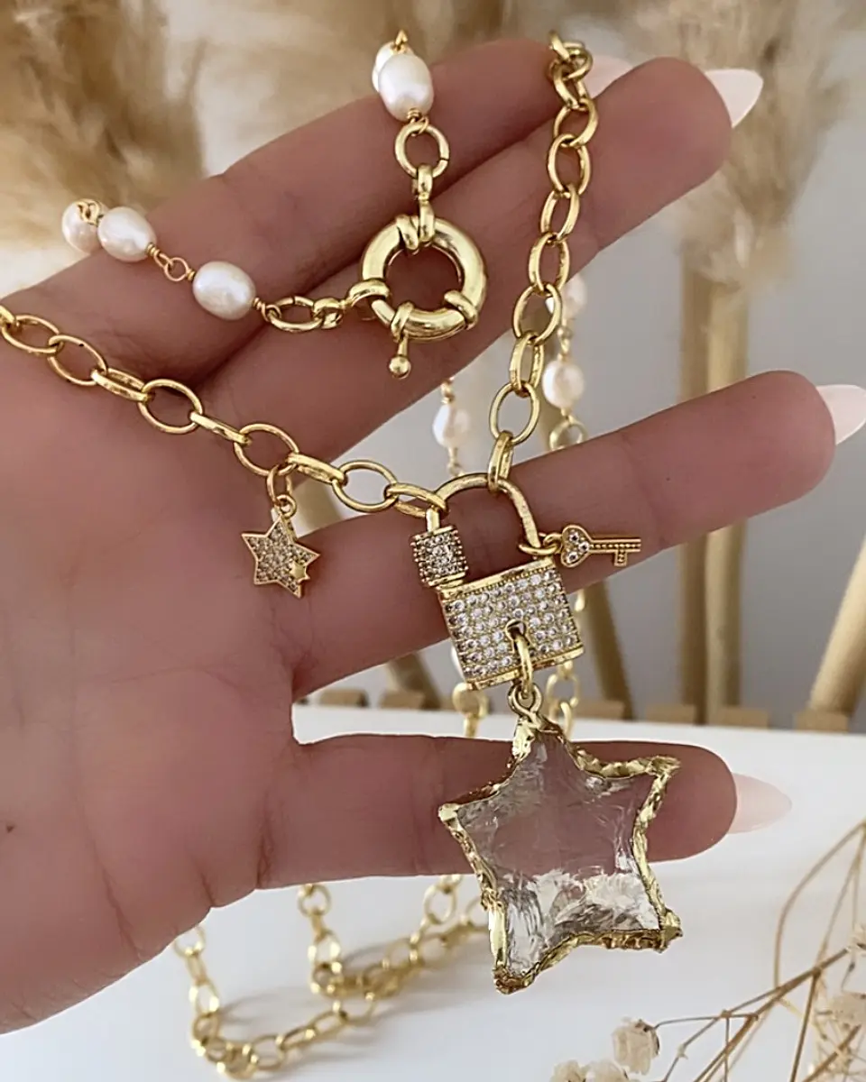 Collar XL Estrella Cuarzo Candado Perlas  5