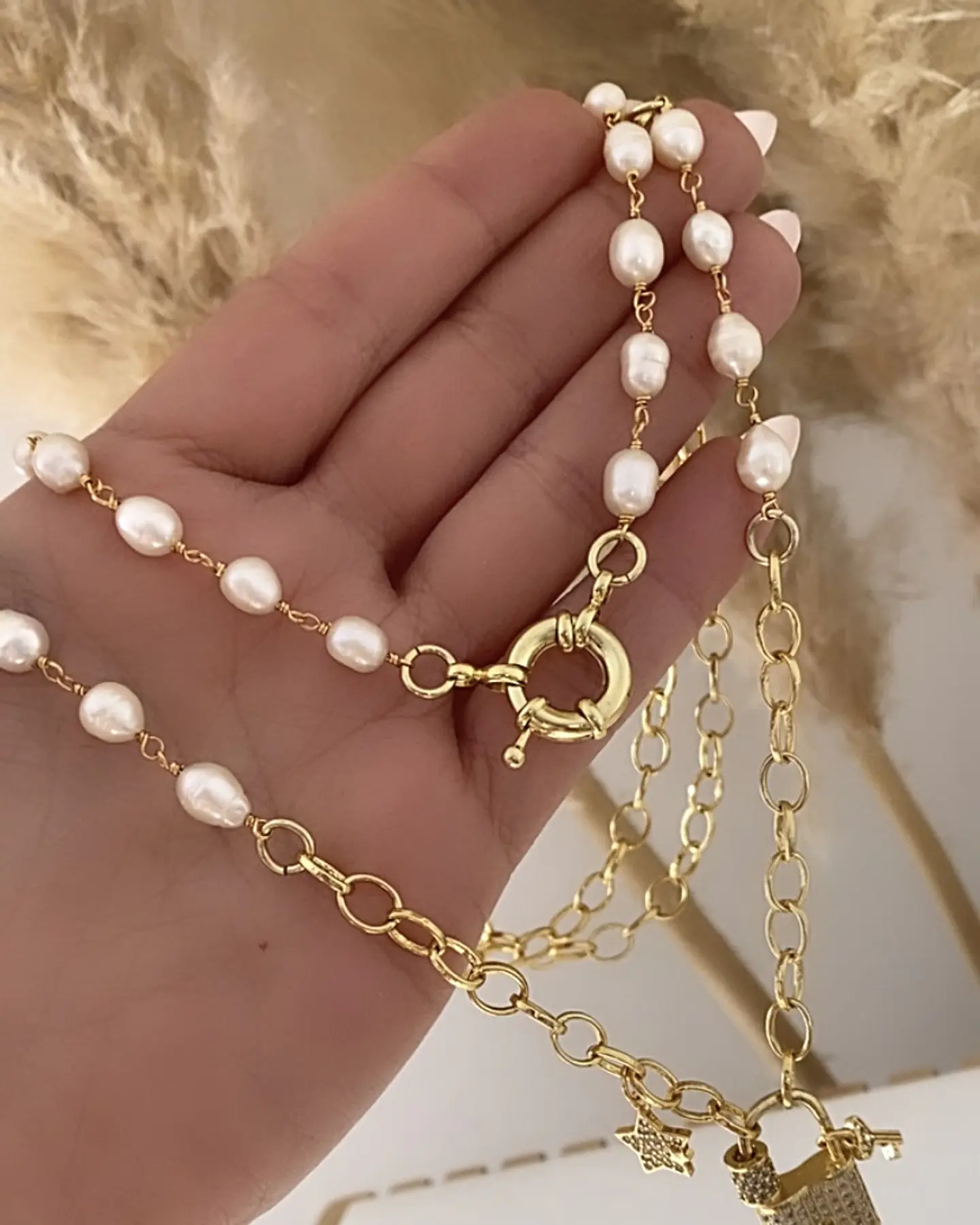 Collar XL Estrella Cuarzo Candado Perlas  7