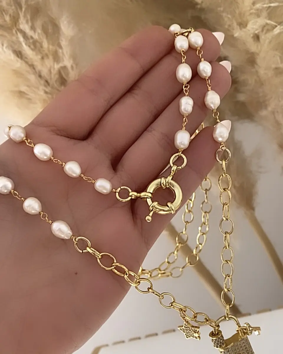 Collar XL Estrella Cuarzo Candado Perlas  7
