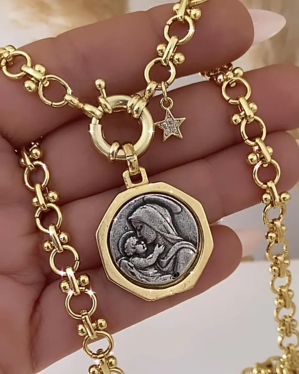 Collar Virgen Madonna eslabones mixtos gold  1