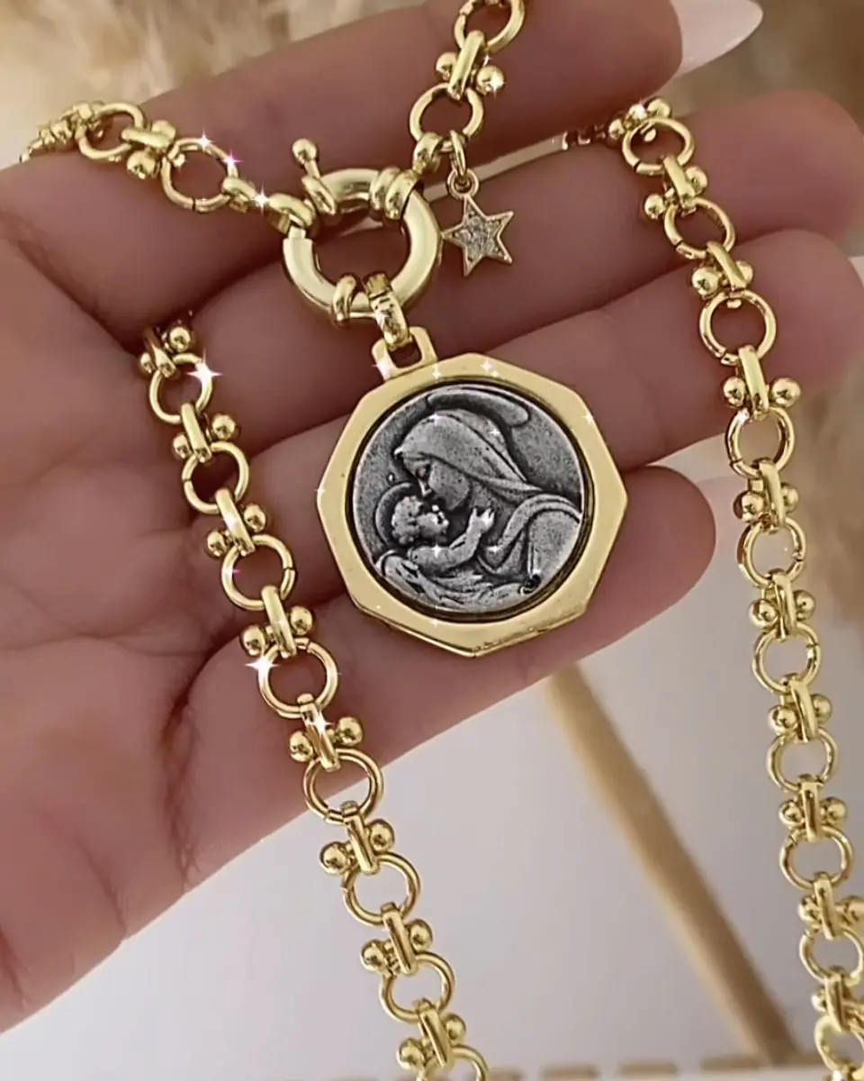 Collar Virgen Madonna eslabones mixtos gold  3