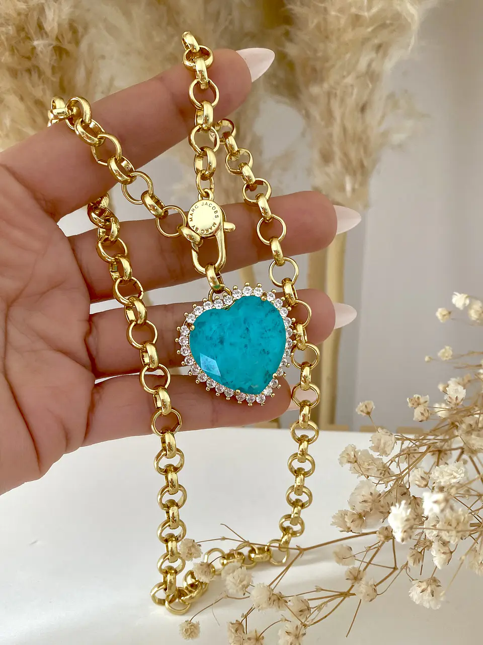 Collar Maxi Corazon Turquesa eslabones rollo gold 2