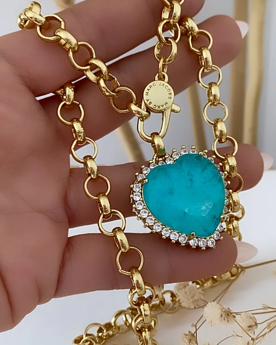 Collar Maxi Corazon Turquesa eslabones rollo gold 3