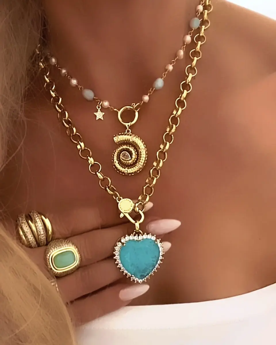 Collar Maxi Corazon Turquesa eslabones rollo gold 1