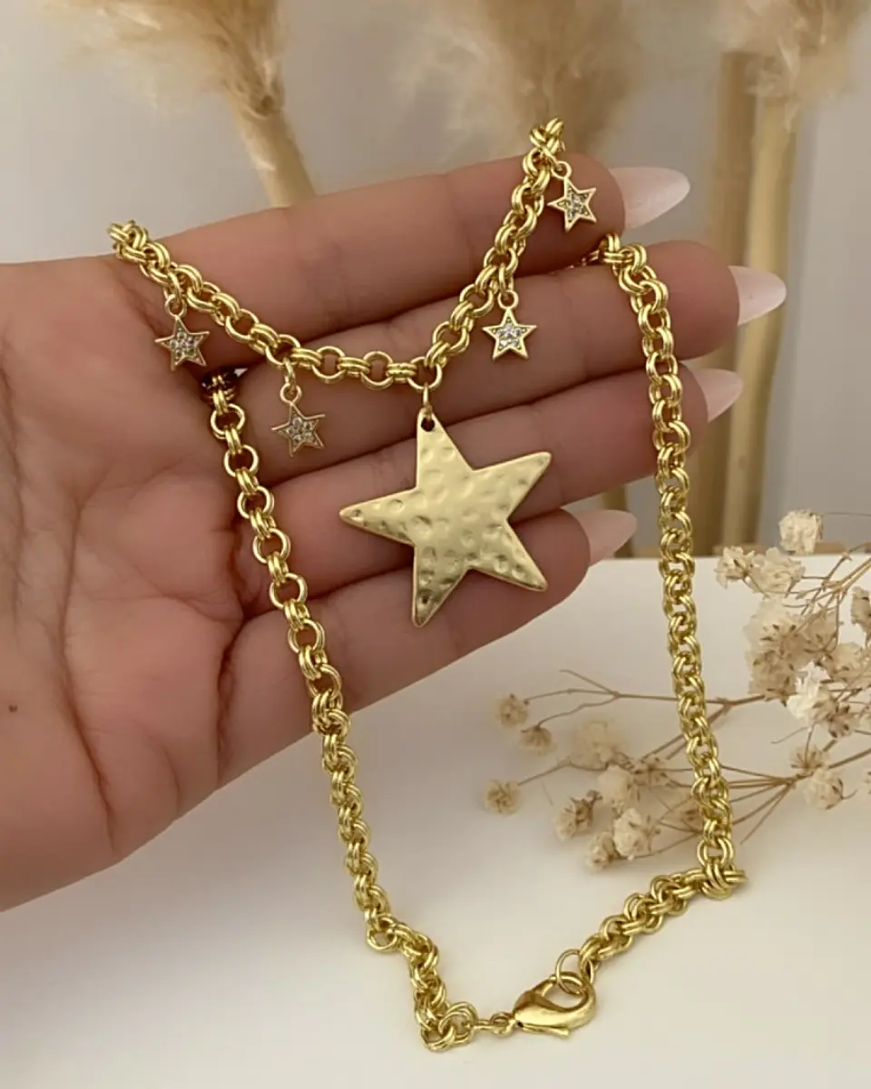 Collar Mix Estrellas eslabones rolo dobles gold 2