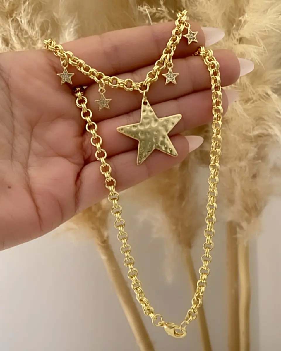 Collar Mix Estrellas eslabones rolo dobles gold 3