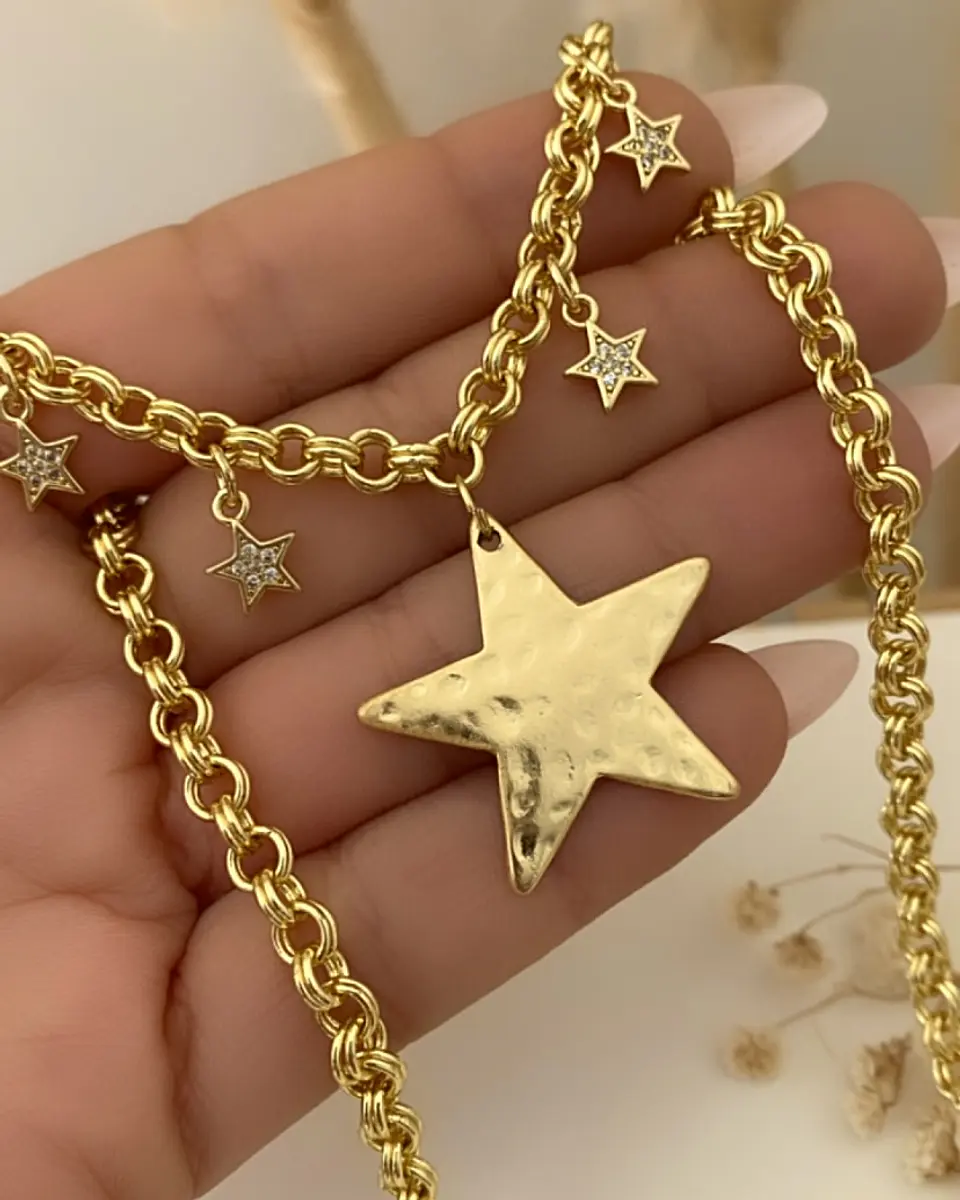 Collar Mix Estrellas eslabones rolo dobles gold 4
