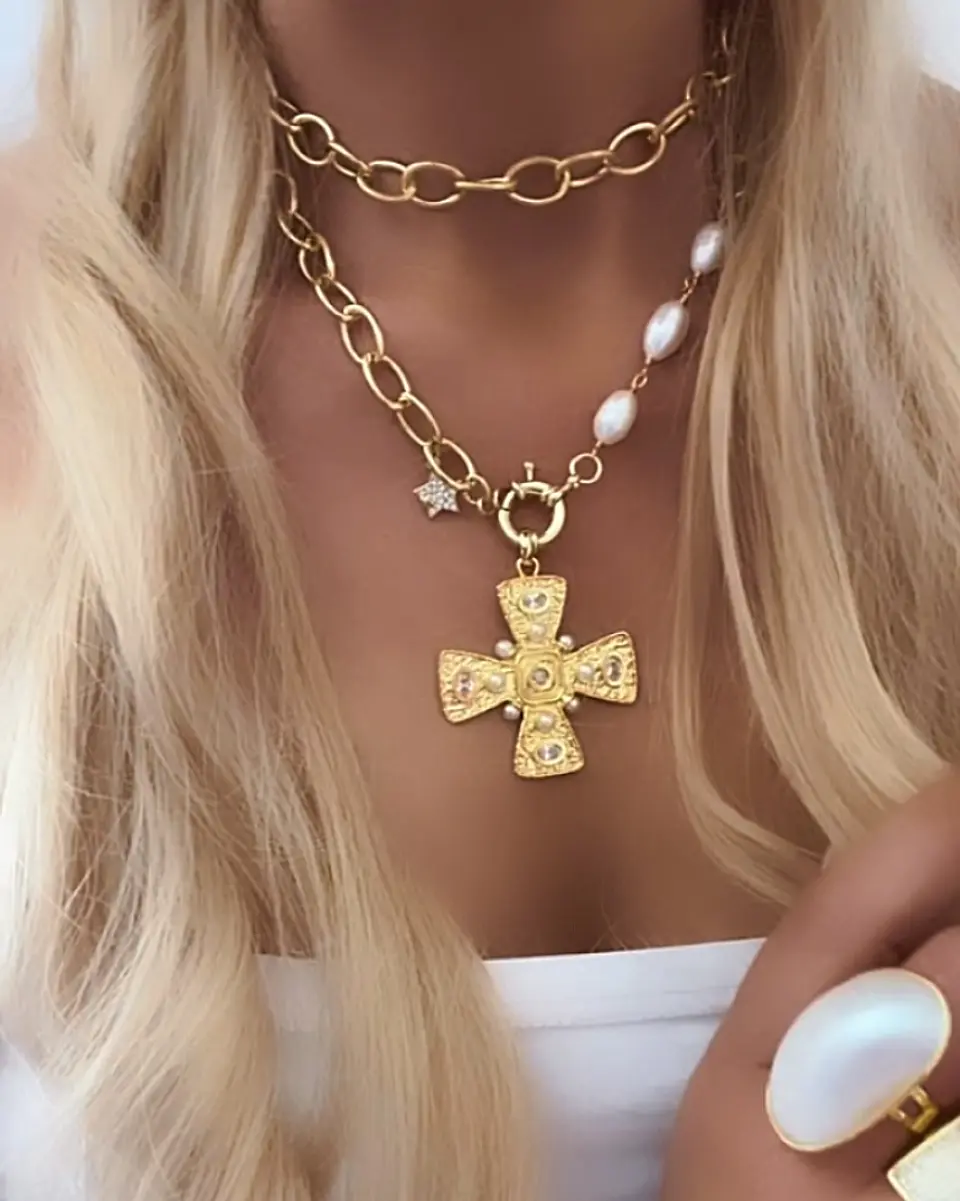 Collar XL Maxi Cruz Perlas Cristales Gold 1