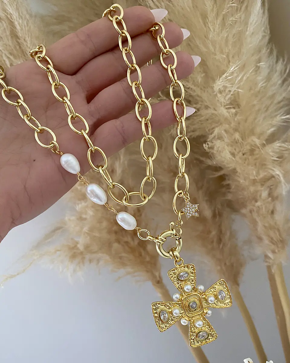 Collar XL Maxi Cruz Perlas Cristales Gold 3