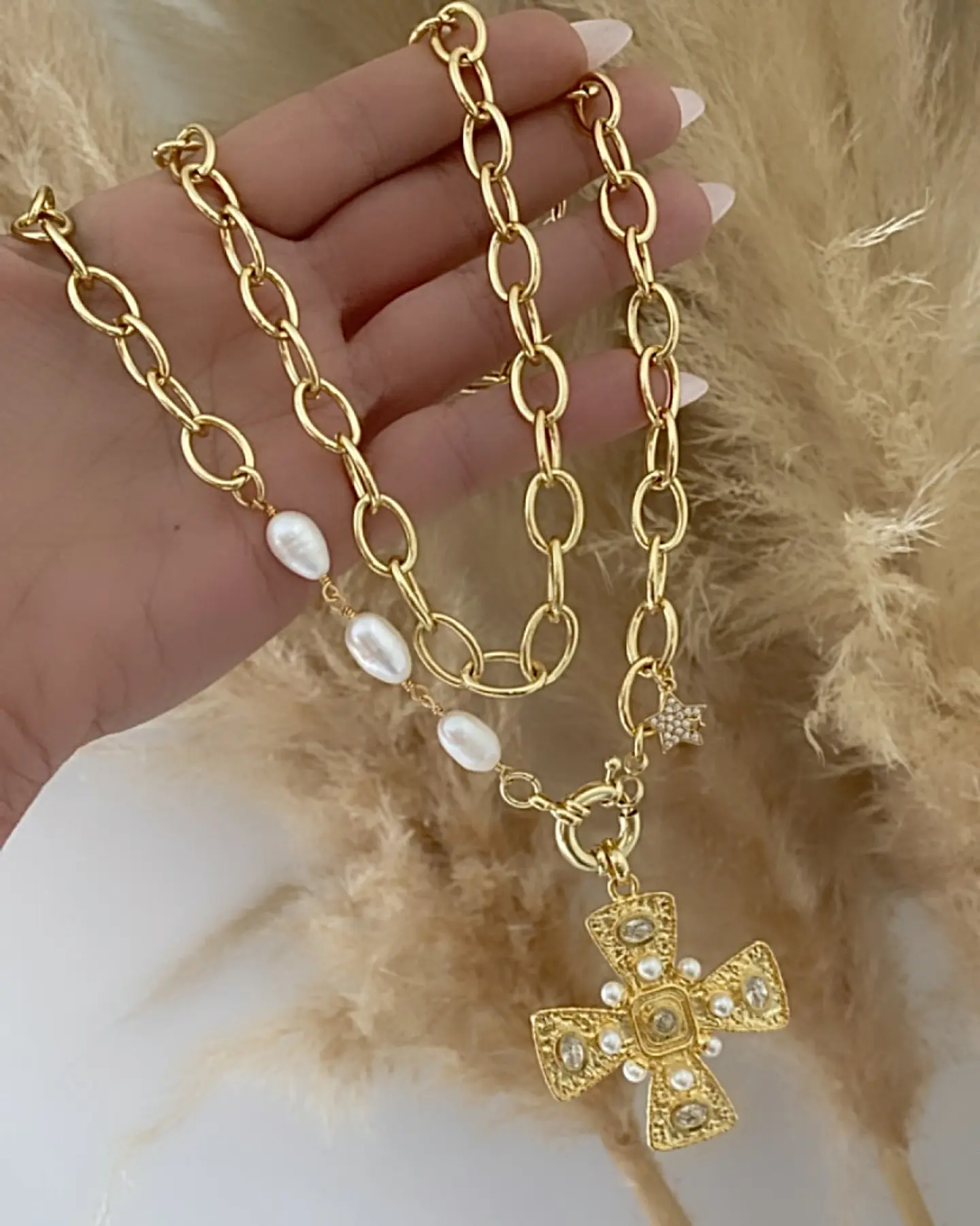 Collar XL Maxi Cruz Perlas Cristales Gold 6