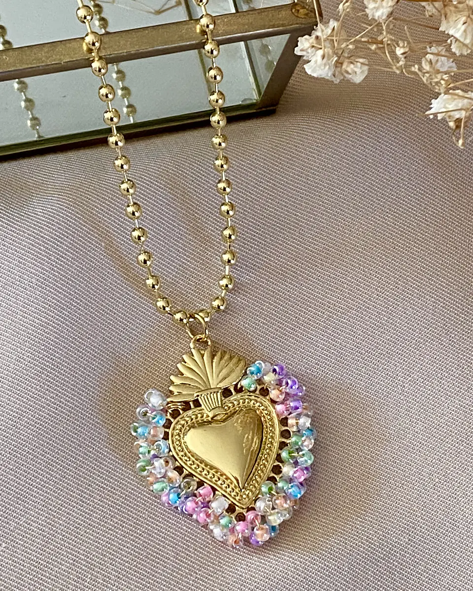 Collar Balines Corazón Sagrado Mostacillas Gold 3