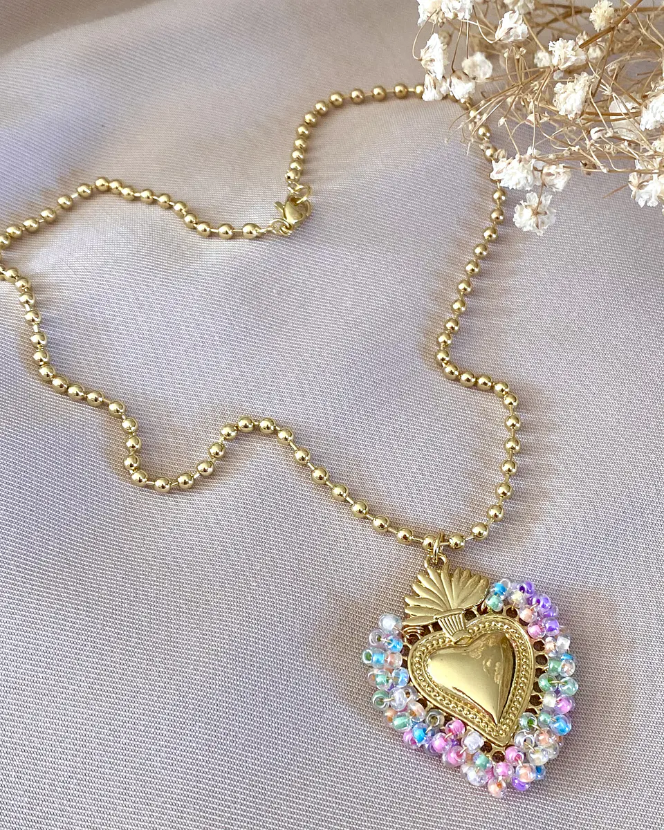Collar Balines Corazón Sagrado Mostacillas Gold 1