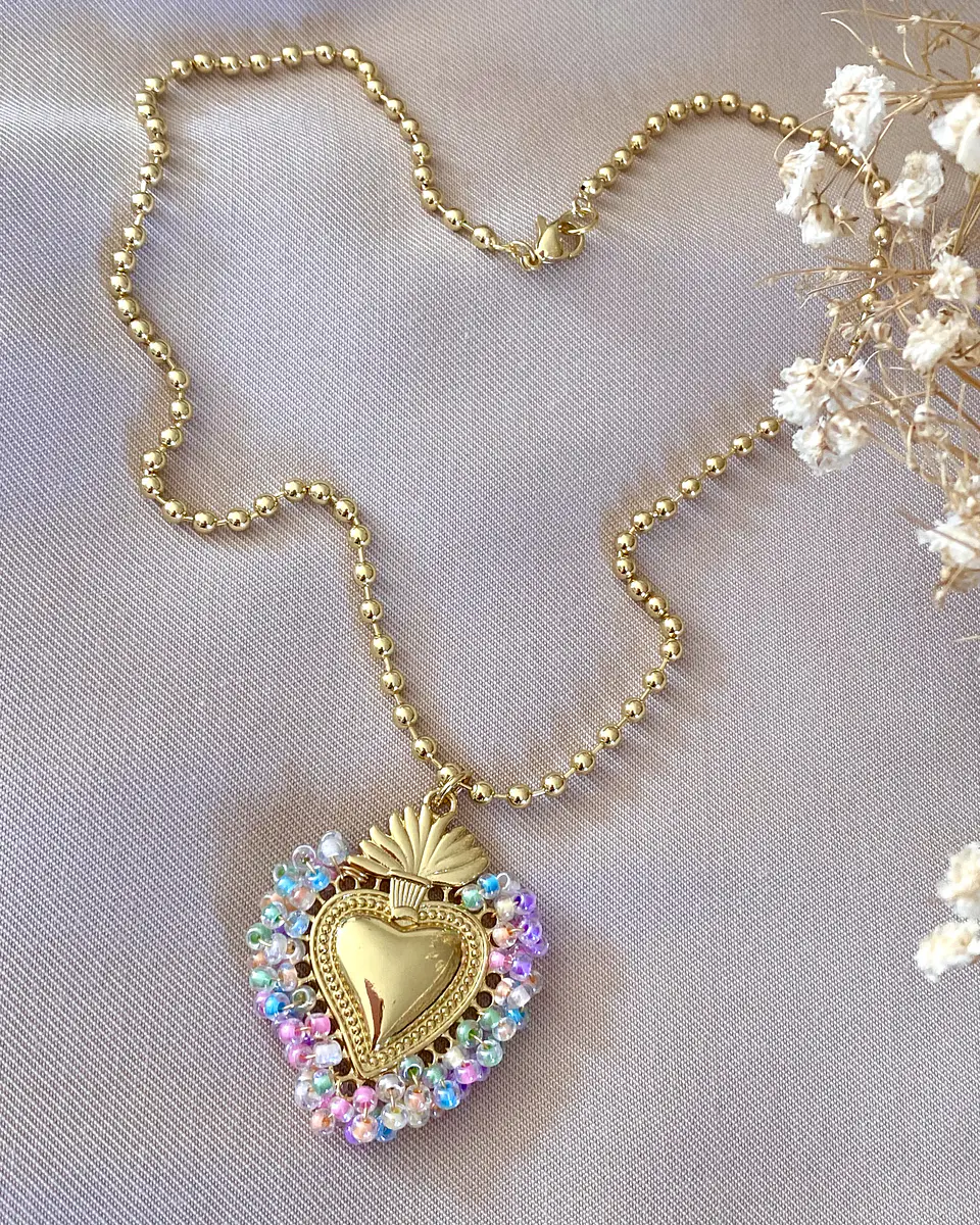 Collar Balines Corazón Sagrado Mostacillas Gold 6
