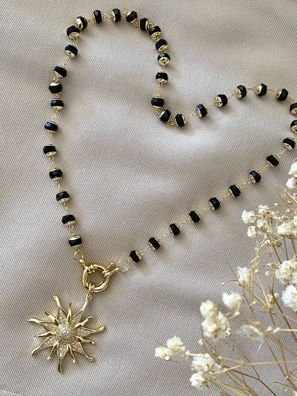 Collar Sol Circones Cadena cristales negros facetados  5