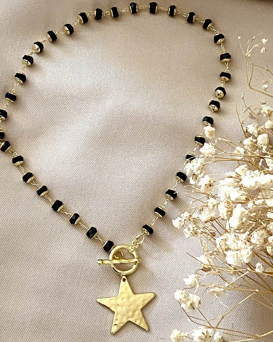 Collar Estrella eslabones cristal black facetados gold  2