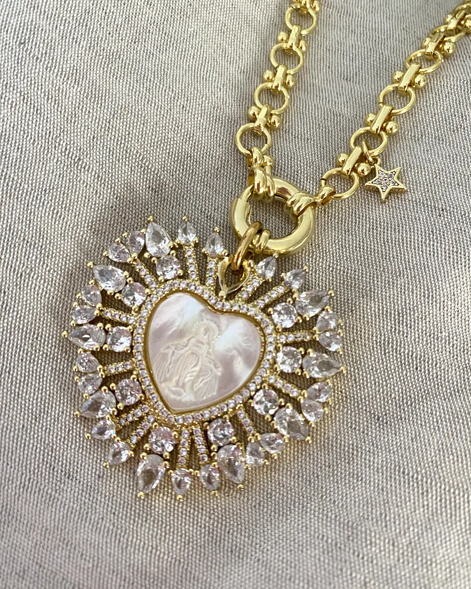 Collar maxi Corazón Virgen Nácar cristales gold  3