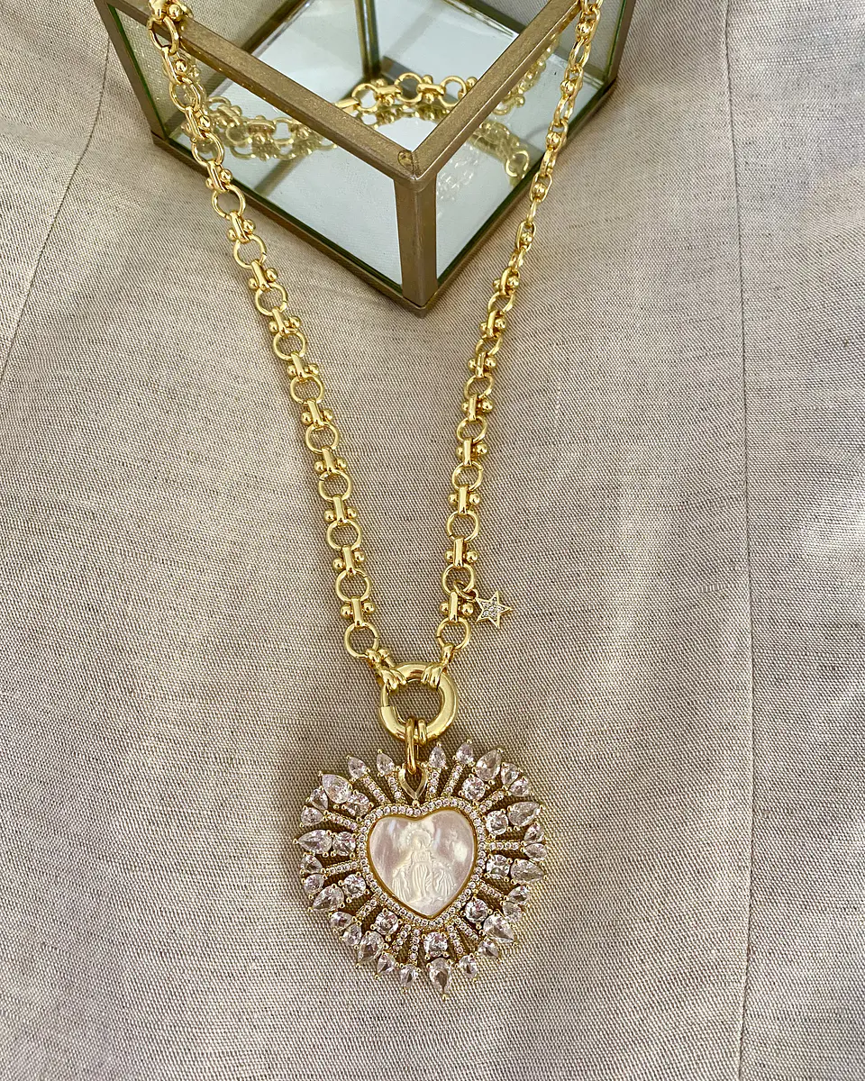 Collar maxi Corazón Virgen Nácar cristales gold  4