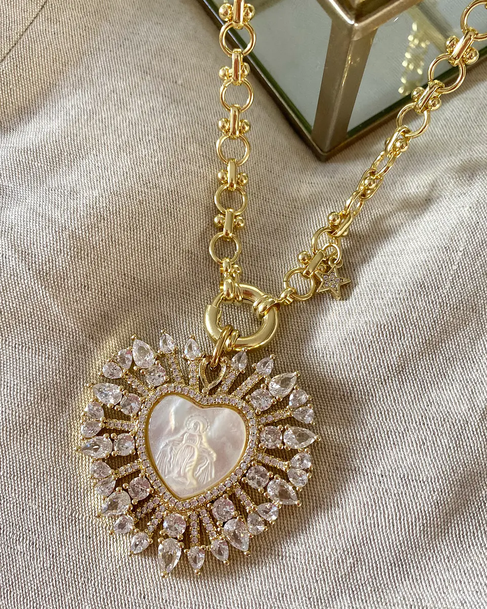 Collar maxi Corazón Virgen Nácar cristales gold  11