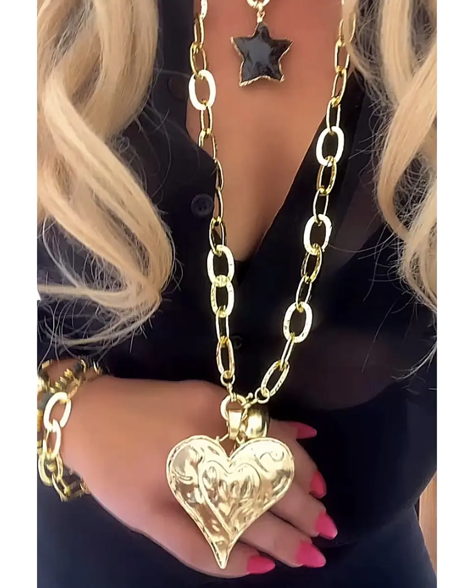 Collar XL maxi Corazon y eslabones martillados gold 2