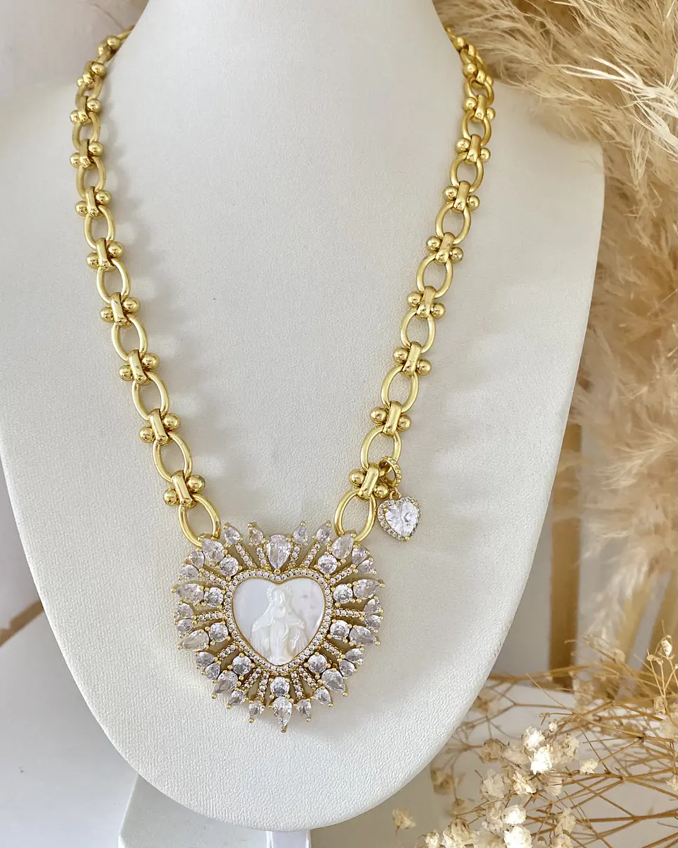 Collar maxi eslabones Corazón Virgen Nácar cristales gold 8