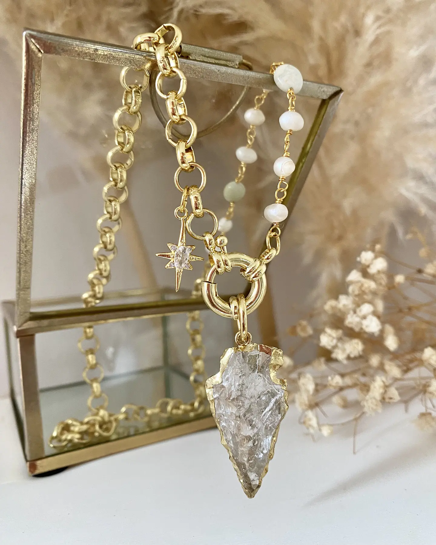 Collar Cuarzo Blanco flecha eslabones mixtos gold 1