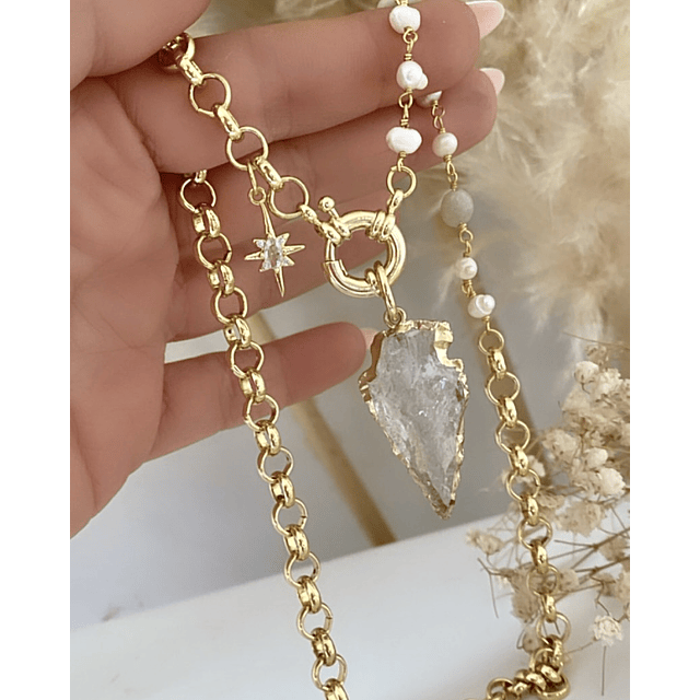 Collar Cuarzo Blanco flecha eslabones mixtos gold