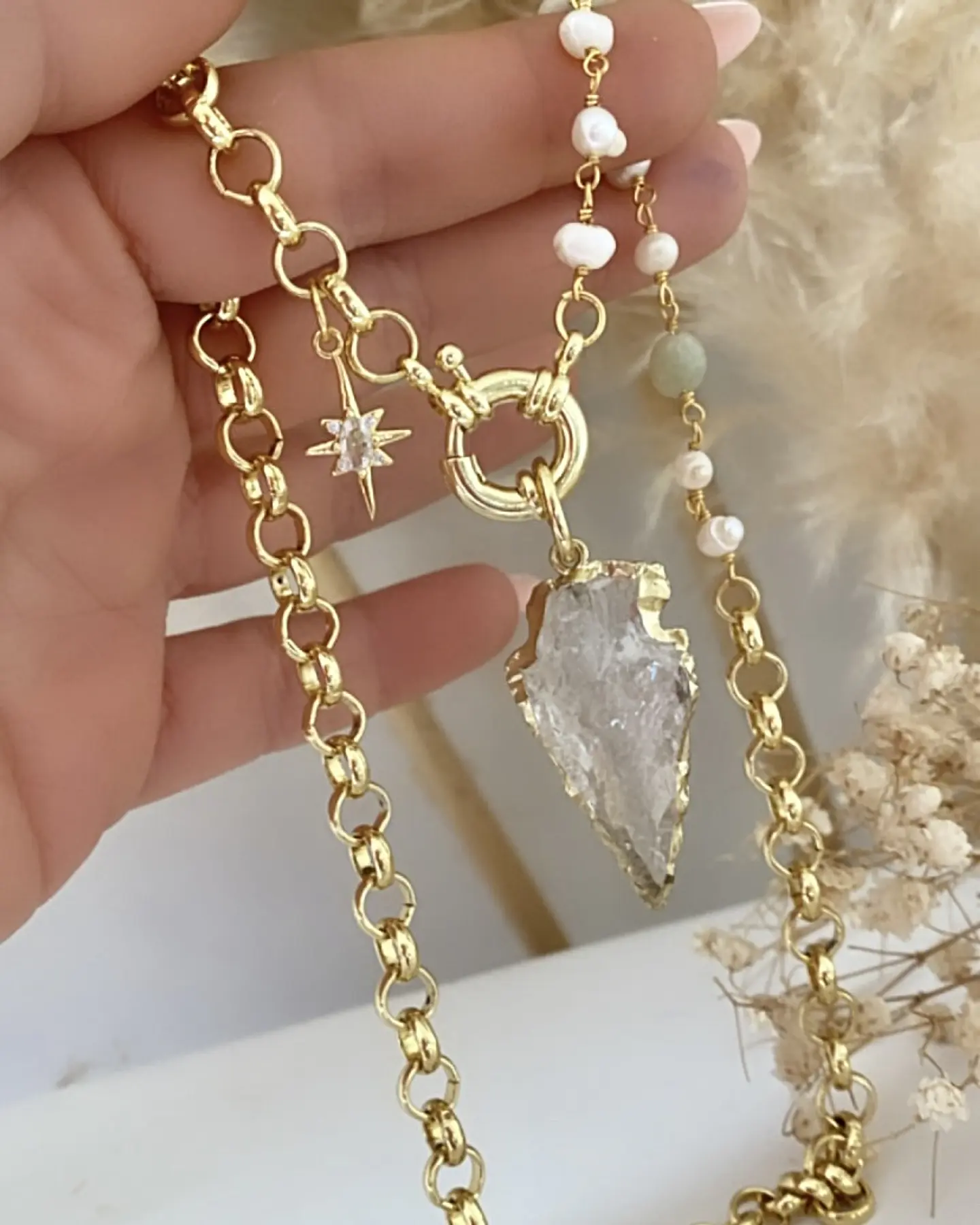Collar Cuarzo Blanco flecha eslabones mixtos gold 2