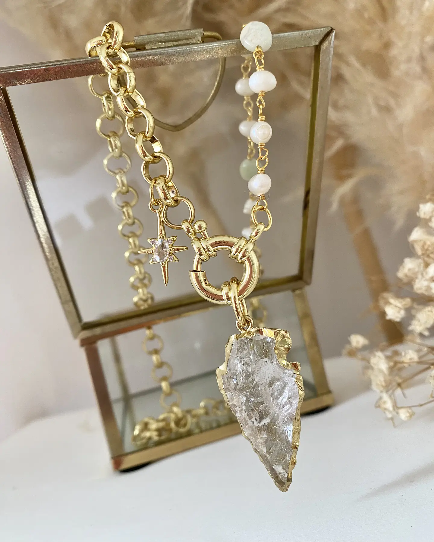 Collar Cuarzo Blanco flecha eslabones mixtos gold 3