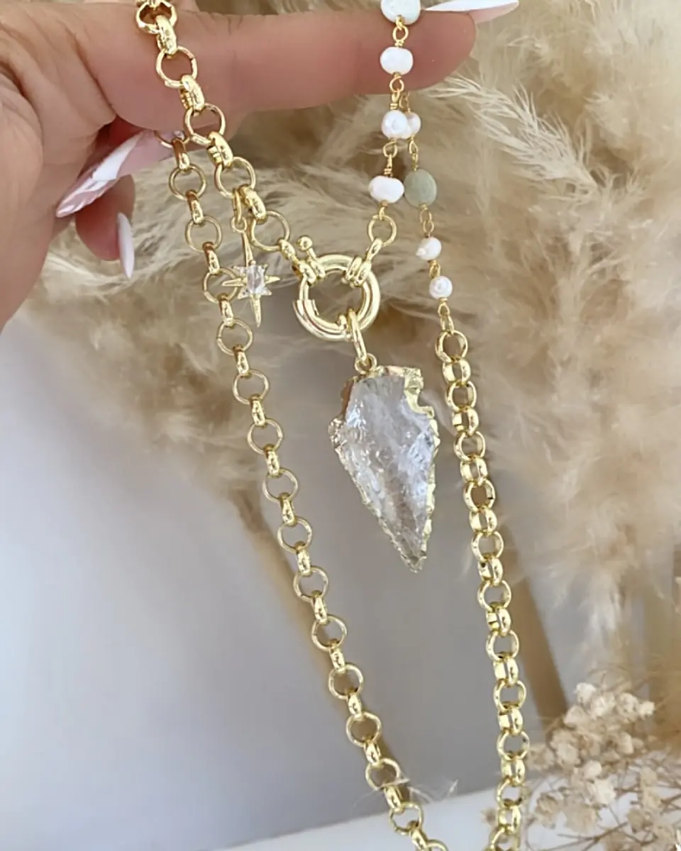 Collar Cuarzo Blanco flecha eslabones mixtos gold 4