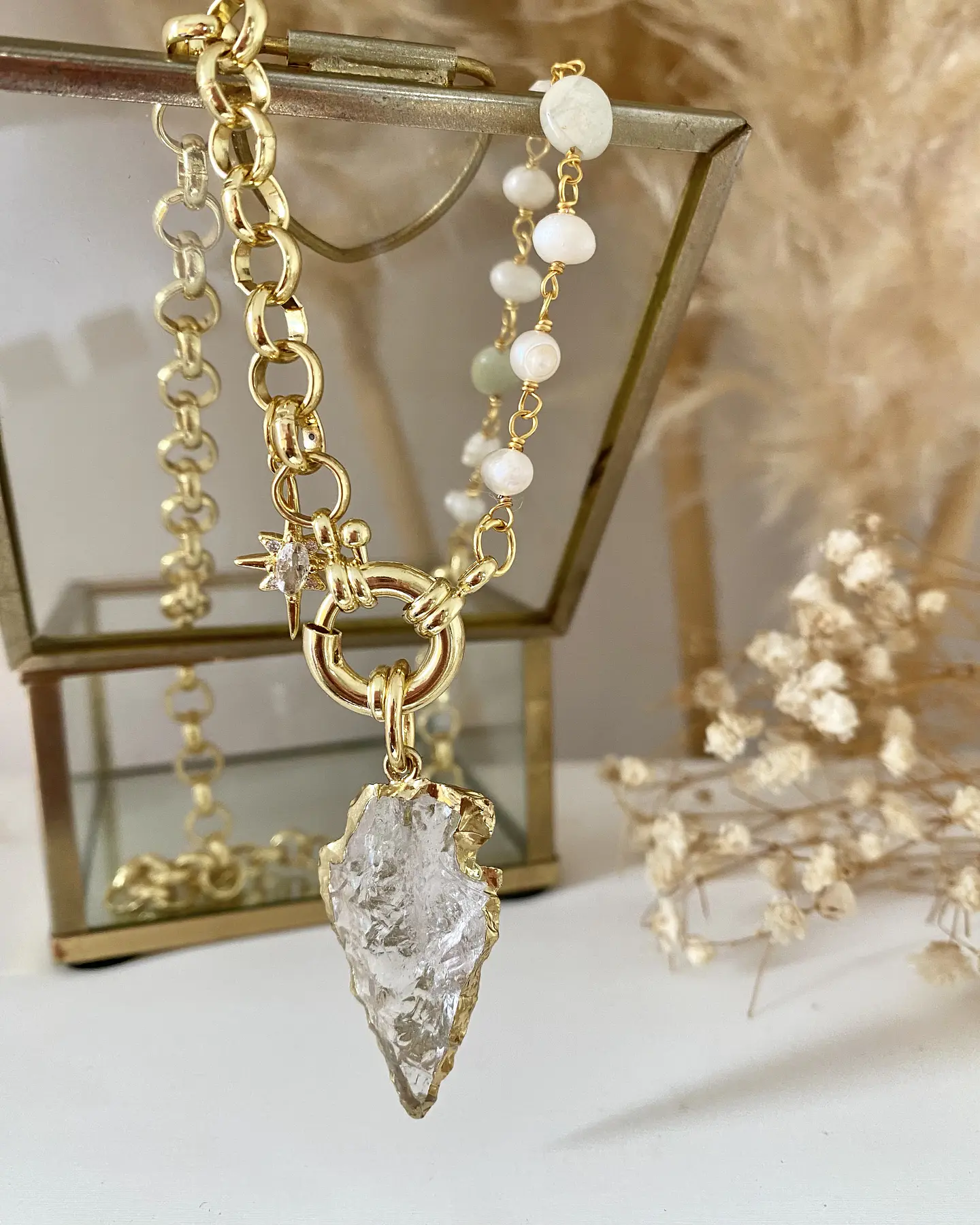 Collar Cuarzo Blanco flecha eslabones mixtos gold 5