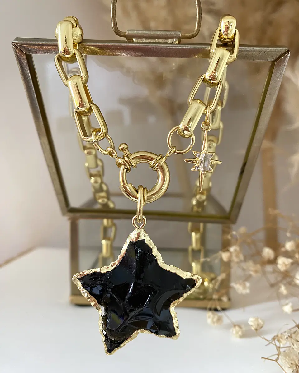 Collar Maxi Estrella Obsidiana Eslabones rectangulares gold  2